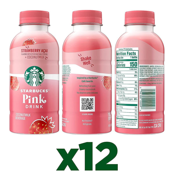 Starbucks Pink Drink, Strawberry Acai with Coconut Milk, 14oz Bottles (12 Pack)