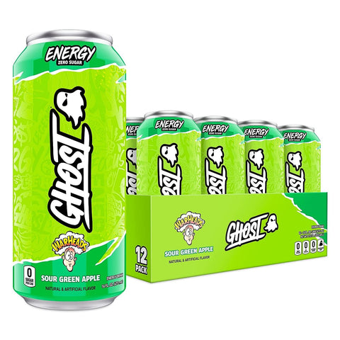 GHOST ENERGY Sugar-Free Energy Drink - 12-Pack, WARHEADS Sour Green Apple, 16oz - Energy & Focus & No Artificial Colors - 200mg of Natural Caffeine, L-Carnitine & Taurine - Gluten-Free & Vegan
