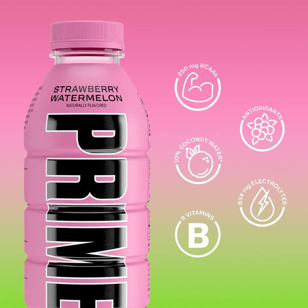 Prime Hydration Drink Sports Beverage "STRAWBERRY WATERMELON," Naturally Flavored, 10% Coconut Water, 250mg BCAAs, B Vitamins, Antioxidants, 834mg Electrolytes, Only 20 Calories per 16.9 Fl Oz Bottle (Pack of 12)